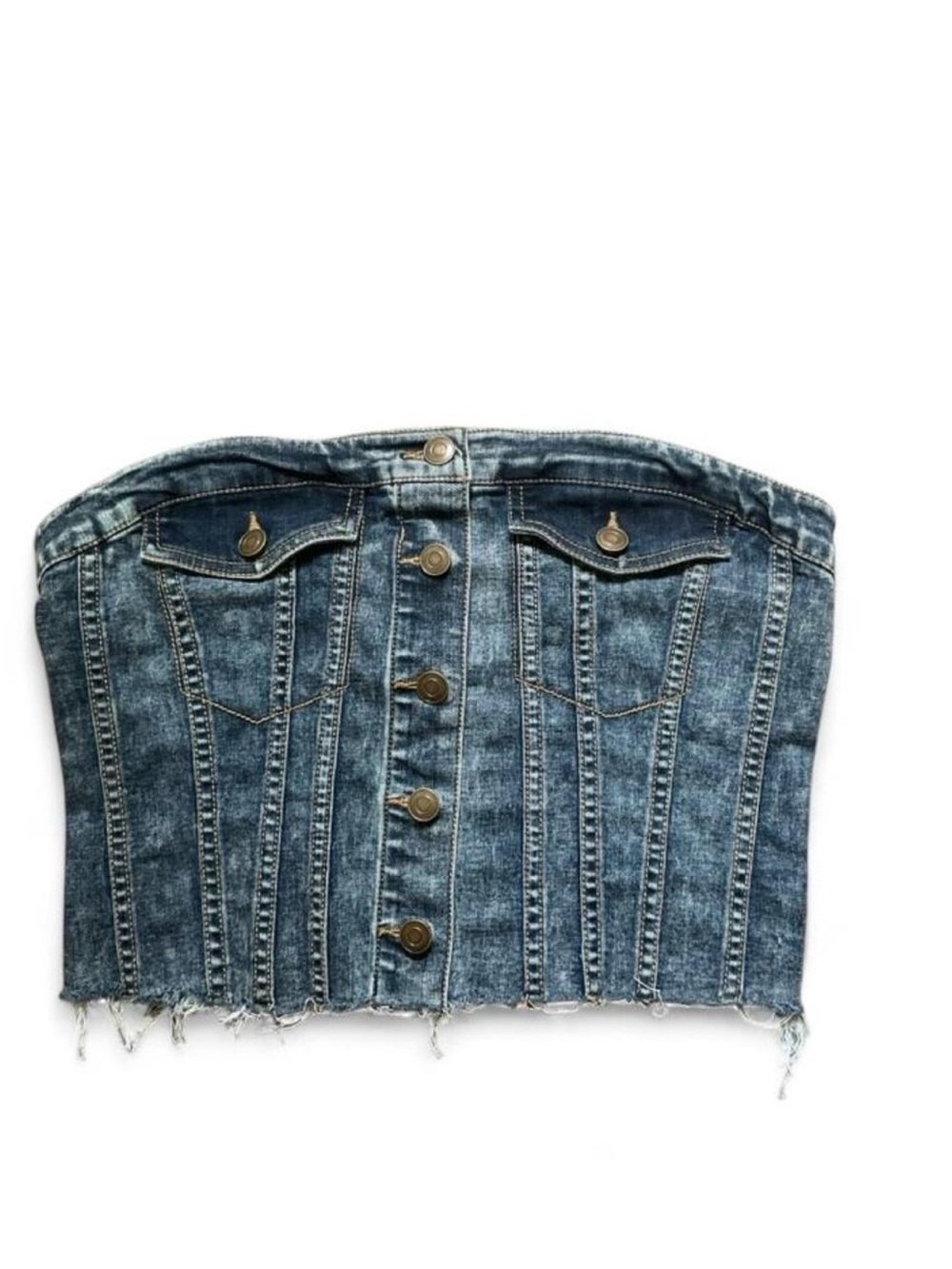 Denim Strapless Button-Front Bustier Top - Blue